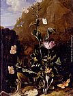 Still Life Of A Thistle And Other Flowers Surrounded By Moths, A Dragonfly, A Lizard, And A Snake, In A Landscape by Otto Marseus Van Schrieck
